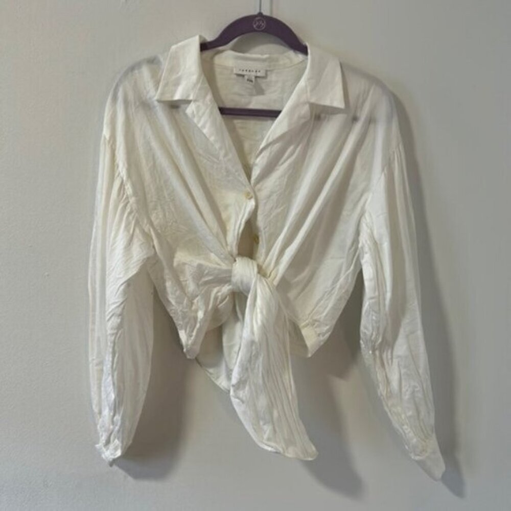 TOPSHOP White Tie Front Long Sleeve Button Down Blouse Shirt Size 10